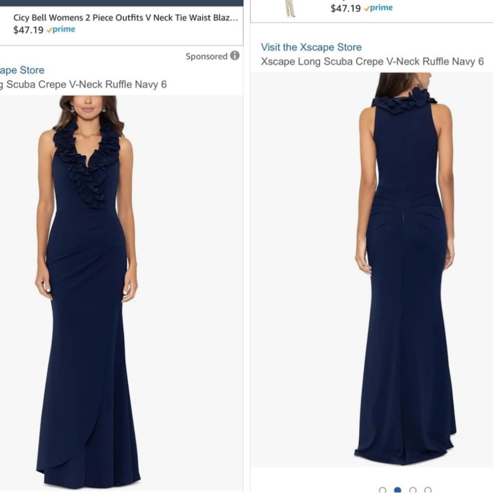 Xscape Navy Ruffle V-Neck Scuba Crepe Maxi Gown